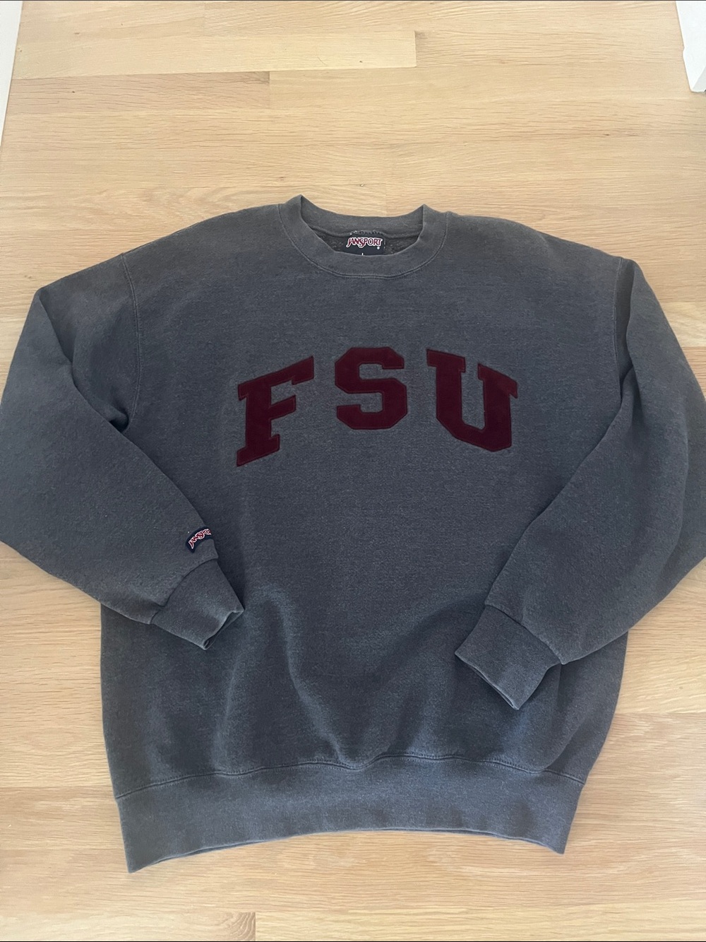 Vintage 90s Collegiate Jansport Gray Crewneck Sweatshirt w/ Maroon FSU Applique